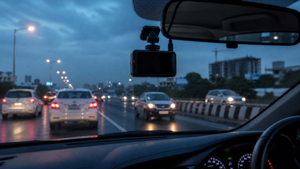 Dashcam on an Indian road at dusk