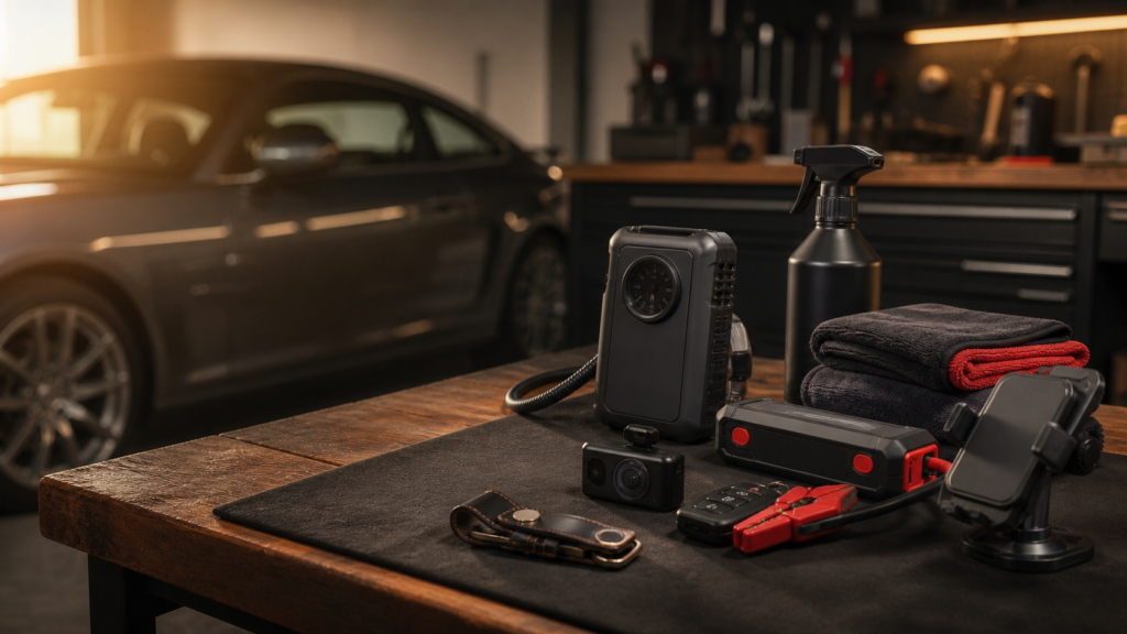 Useful car accessory gifts on a garage workbench