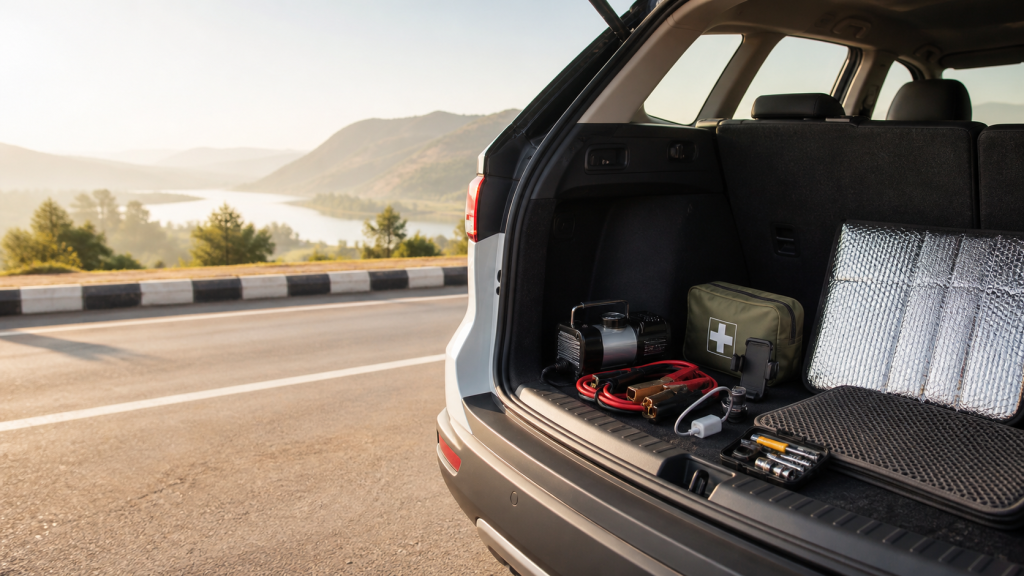 Essential car accessories prepared for an Indian road trip