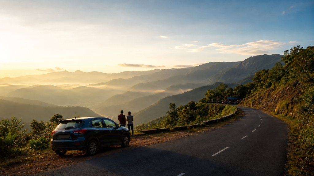 Indian mountain road trip at golden hour